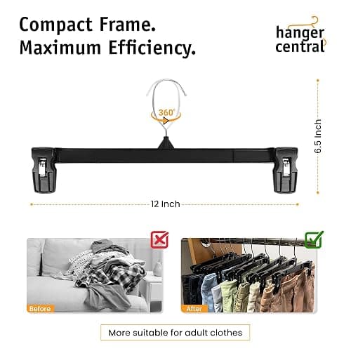 Hanger Central 30 Pack Pants Hangers – 12 Inch Slim Plastic Clothes Hangers with Clips for Skirts, Shorts & Trousers – Non Slip Grip, Heavy Duty Space Saver with Swivel Hook – Black Closet Organizer thumbnail 2