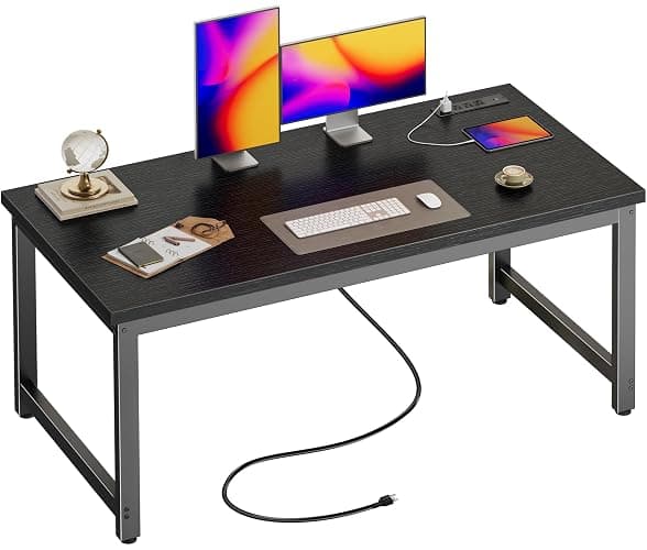 Huuger 55 x 24 inch Desk with Power Outlets & USB-C, Deeper & Thicker Desktop, Robust Metal Tubes, Computer Desk, Heavy Duty Office Desk, Work Gaming Desk for Home Office, Black - Image 1