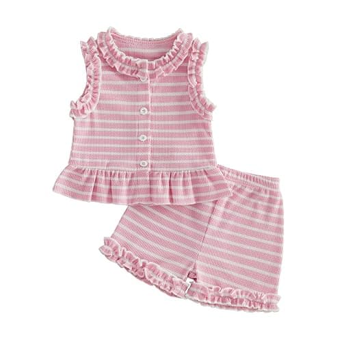 WZTYYDS Toddler Baby Girl Summer Outfit Tank Tops Ruffle Shorts Set | Waffle Knit, Striped, Sleeveless Button Down Shirt, Sweet 2 Pieces Clothes, 6M, 12M, 18M, 24M, 2T, 3T, 4T, Little Kids, Soft - Image 1