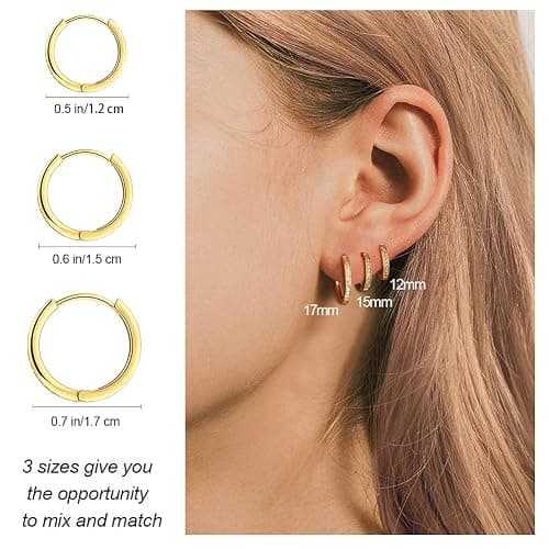 3 Pairs 14K Gold Plated Huggie Hoop Earrings for Women, Minimalist Gold Huggie Hoop Earrings, Simple 3 sizes Hoop Earrings for Women Men gift,gold silver rose gold and black thumbnail 4