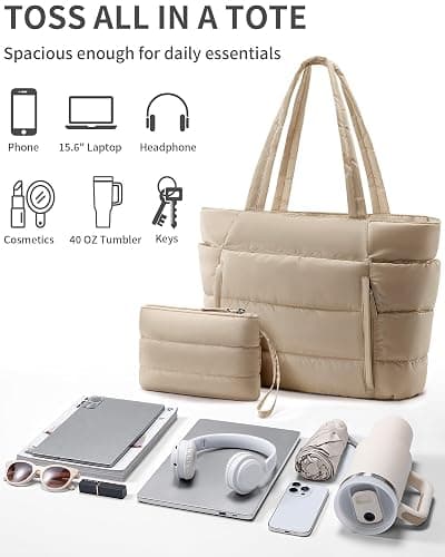Puffer Tote Bag for Women, Lightweight Puffy Work Handbag Teacher Nurse Quilted Shoulder Bag for School Travel Gym thumbnail 6