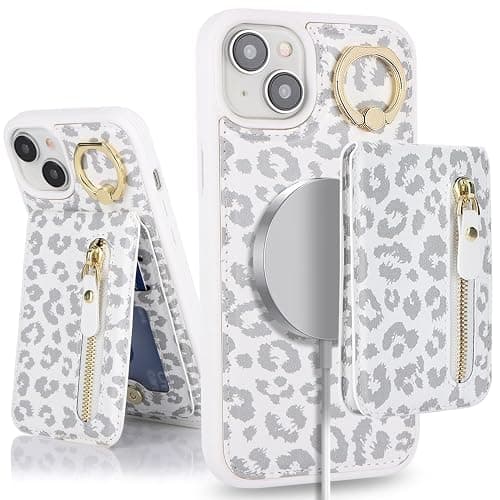 DEYHU for iPhone 13 Mini Phone case with Card Holder with Compatible magsafe Magnetic, Key Chain PU Leather Flip Kickstand Detachable 2-in-1 Wallet case for Apple13Mini Women Men-White Leopard - Image 1