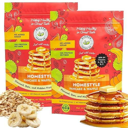 Hidden Foods Homestyle Pancake and Waffle Mix 2-Pack, High in Protein & Fiber with Hidden Fruits, Vegetables & Vitamins - Thick and Fluffy made with Oats & Flaxseed – Just Add Water - Image 1