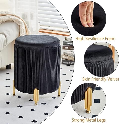 Mxfurhawa Round Ottoman Foot Stool with Storage and Metal Legs for Living Room Bedroom, Velvet Upholstered Footrest Stool Support 300lbs Modern Padded Seat Ottoman Coffee Table (Black) thumbnail 3