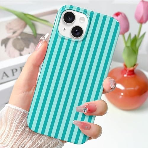 Hython for iPhone 14 Case & iPhone 13 Case Cute Striped Aesthetic Design Simple Stripes Cover 6.1", Thin Slim Soft TPU Bumper Shockproof Rubber Protective Phone Cases Women Girls, Lake Blue and Mint thumbnail 2