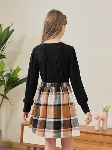 GORLYA Girls 2 Piece Fall Skirt Sets Long Sleeve Rib Knit Tops Casual Asymmetrical Plaid Skirt Kids Clothes Outfits 6-14Y thumbnail 2