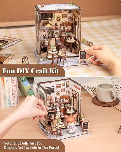CUTEBEE Book Nook Kit - DIY Miniature House Dollhouse Kit for Adult and Teens, Booknook Bookshelf Decor Alley Model Build with LED Light, Gifts for Family and Friends (Sunny Cafe) thumbnail 5