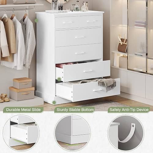 Hasuit White Dresser for Bedroom, 6 Drawers Wood Storage Tower Clothes Organizer, Chest of 6 Drawers, Large Capacity Storage Cabinet, Tall Dresser for Bedroom, Hallway, Entryway thumbnail 4