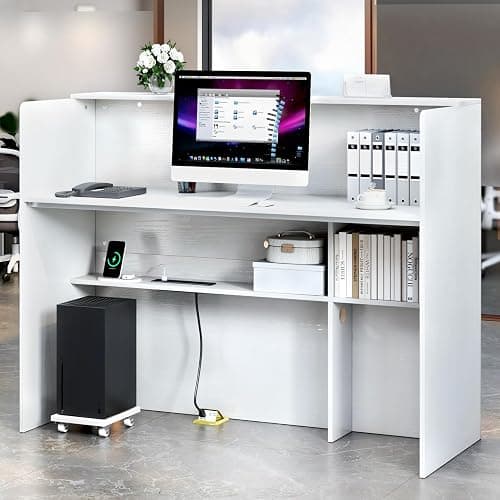 TC-HOMENY Reception Desk with LED Lights, 55'' Retail Counter Modern with Storage Shelves and Cable Grommet, Front Table, Salon Desk, Office Table,White thumbnail 5