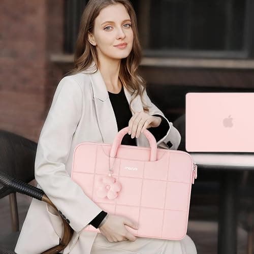 MOSISO 13-14 inch Laptop Case, 13.3 inch Puffy Laptop Sleeve Compatible with MacBook Air 13 13.6/Pro 13/Pro 14,HP Acer Dell ASUS Lenovo, Rectangle Quilted Computer Bag with Handle&Flower Pendant, Pink thumbnail 6
