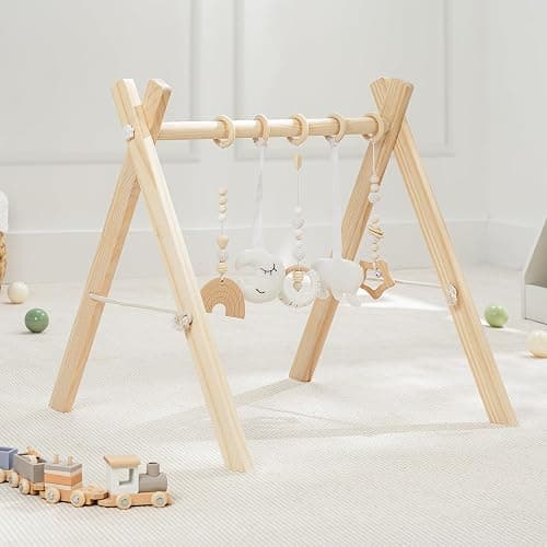 Comfy Cubs Wooden Baby Play Gym - Natural Finish Pinewood Baby Activity Gym with 5 Sensory Hanging Toys - Easy No-Tool Assembly, Safe and Durable for Infant Motor and Visual Development - Natural Wood - Image 1