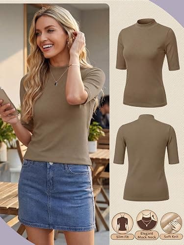 PrinStory Womens Tops Mock Neck Short Sleeve T Shirts Dressy Casual Ribbed Knit Slim Fit Summer Business Going Out Tops 2026 thumbnail 2