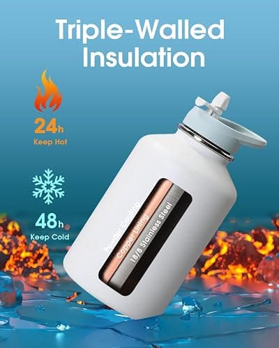 Coolflask 64 oz Water Bottle Insulated with PU Leather Sleeve, Half Gallon Water Bottle Color Contrast with Straw Lids, Stainless Steel Metal Large Water Jug, Keep Cold 48h Hot 24h,Glacier White thumbnail 3