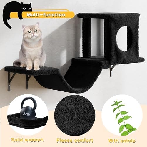 NUNU LAB Wall Mounted Cat Climber Set, 6 Pcs Cat Furniture Set with House, Bridge, Steps, Scratcher Board and Hammock, Shelves for Indoor, Luxury Walls Furniture(Black) thumbnail 3