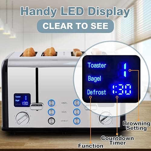 CUSIMAX 4 Slice Stainless Steel Toaster with Digital Display, Black | LED Display with Countdown Timer, 6 Browning Levels, Bagel/Defrost/Cancel, Dual Independent Controls, 1.5" Extra Wide Slots thumbnail 3