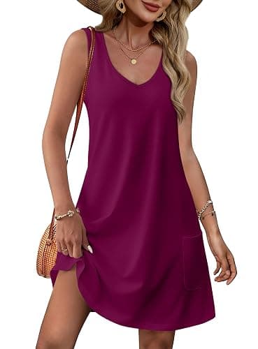 OFEEFAN Womens Summer Dresses 2026 V Neck Sleeveless Sundresses with Pockets Beach Vacation Clothes Floral/Plain - Image 1