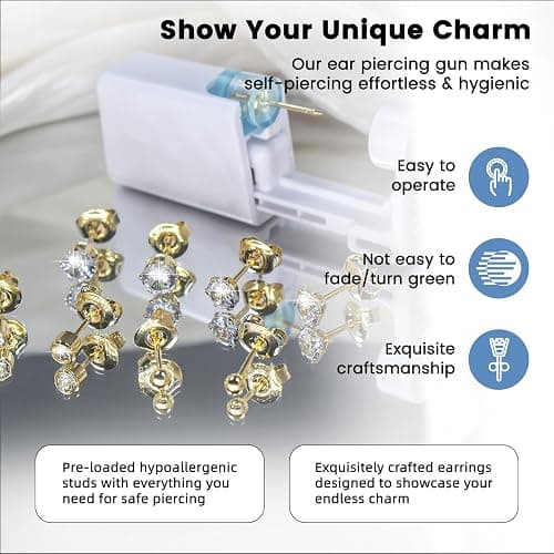 TKKUY 24 Pcs Ear Piercing Kit Disposable Ear Piercing Gun Kit 8 Pcs Self Piercing Gun with Cubic Zirconia Earrings Stud 4 Prong / 6 Prong Setting 3mm Diameter Ball Ear Stud Ear Piercer Kit Tool Gold thumbnail 4