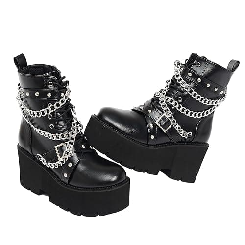 QPAO Women's Fashion Goth Boots,Black Chunky Platform Combat Ankle Booties Zipper Punk Boots Mid Calf Boots for Women - Image 1