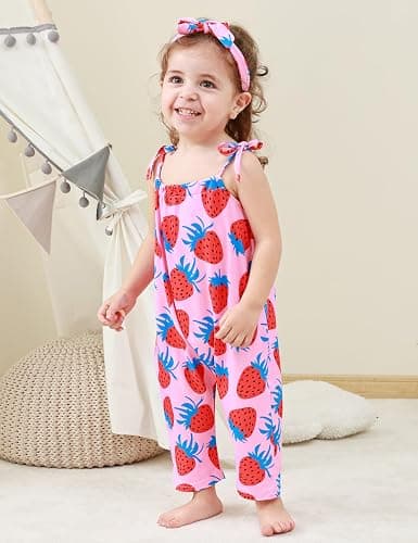 Lindanina Toddler Baby Girls Romper Sleeveless Jumpsuit Summer Clothes Adjustable Tie-Up Strap with Pocket Headband 1-5T thumbnail 3