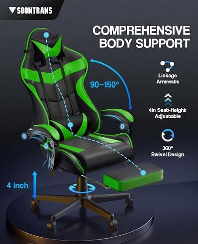 Soontrans Green Gaming Chair with Footrest,Racing Gaming Chair,Computer Gamer Chair,Ergonomic Game Chair with Adjustable Headrest and Lumbar Support(Jungle Green) thumbnail 5