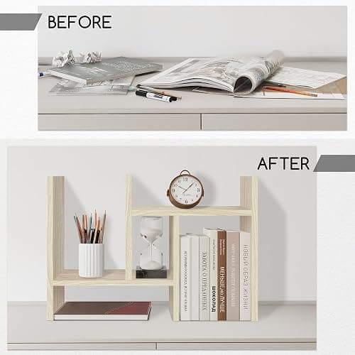 Jerry & Maggie Desktop Organizer Office Storage Rack Adjustable Wood Display Shelf Free Style Double H, Multi-Functional Mini Bookshelf for Desk Natural Stand (White Wood Tone) thumbnail 3