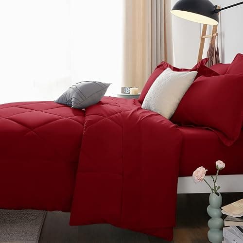CozyLux Queen Comforter Set Dark Red - Bed in a Bag Queen Size 7 Pieces, Luxury Soft Bed Set for All Seasons, Bedding Set with Down Alternative Comforter, Sheets, Pillowcases & Shams thumbnail 9