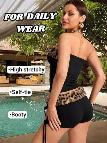 EHSUYAB 2000S Sexy 2 Piece Leopard Club Outfits, Ruched Tube Strapless Crop Top, Low Rise Booty Shorts Casual Going Out Rave thumbnail 3