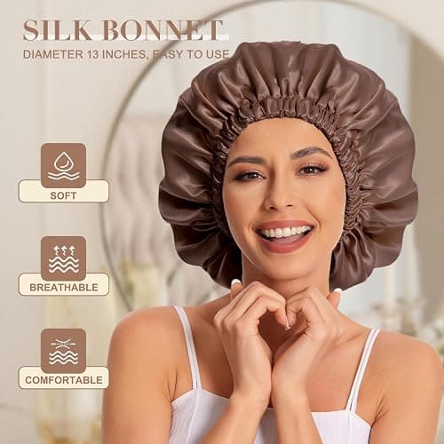 Satin Bonnet Silk Bonnet Hair Bonnet for Sleeping-Slouchy Beanie Hat Satin Sleep Cap for Women's Natural & Curly Hair(Brown) thumbnail 2