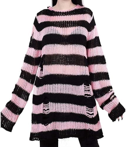 Vinsekep Women's See Through Hole Ripped Striped Long Knit Pullover Dress Sweaters Shirt - Image 1