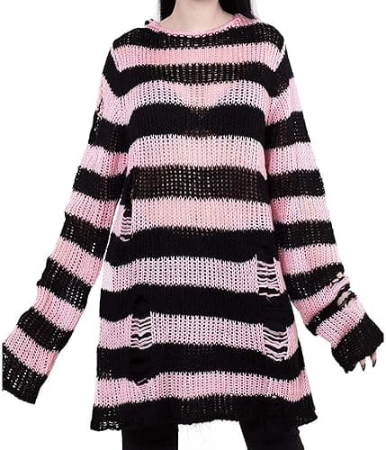 Vinsekep Women's See Through Hole Ripped Striped Long Knit Pullover Dress Sweaters Shirt - One Size - Black&pink