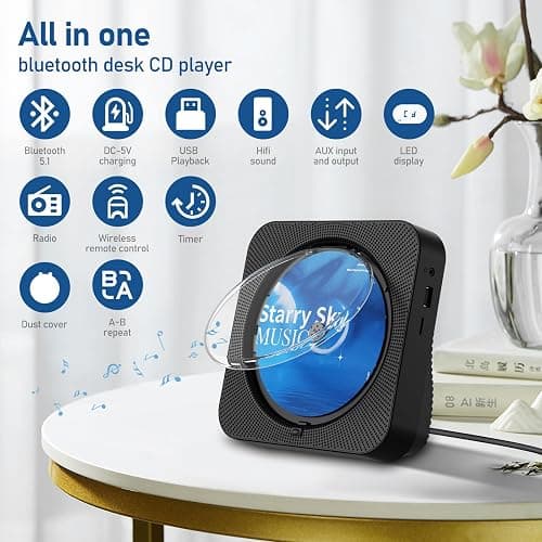 CD Player Portable Bluetooth 5.1 Desktop CD Player with HiFi Sound Speakers,Remote Control,Dust Cover,LED Display,Boombox FM Radio,USB/AUX for Home,Kids (Black) thumbnail 6