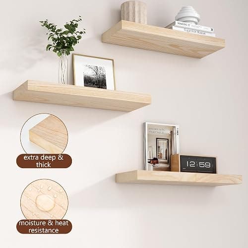 fuqing Natural Wood Floating Shelves - Wood Floating Shelves for Wall Set of 3-17 Inch Wide x 6.7 Inch Deep Natural Wooden Shelves for Living Room Bedroom Home Office thumbnail 5