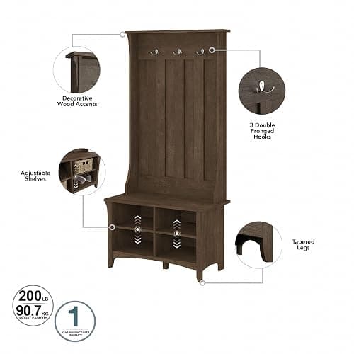 Bush Furniture Salinas Hall Tree with Shoe Storage Bench in Ash Brown thumbnail 5