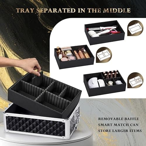 Stagiant Rolling Makeup Case Cosmetology Case on Wheels 4 in 1 Large Cosmetic Organizer Train Case Makeup Travel Case with Key Swivel Wheels Nail Artist Salon Storage Traveling Cart Trunk Black thumbnail 5