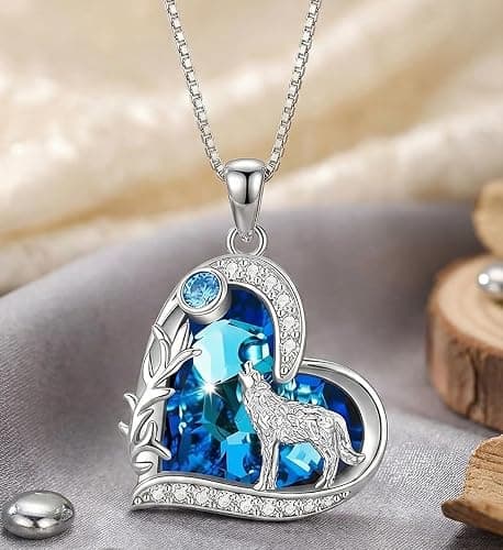Howling Wolf Necklace - Silver Pendant With Blue Ocean Heart Stone Charm - Birthday Gift for Her, Women's Jewelry for Wolf Lovers | Birthday Gift for Her, Blue Ocean, Jewelry, Charm thumbnail 2