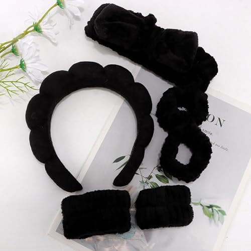 AOPRIE SPA Headbands for Washing Face Makeup Headbands with Bow Hair Band Women Facial Head Band Wrist Towel Wraps For Shower Face Mask Black 2 Style Black, 6 Pack thumbnail 3
