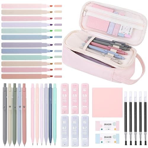 SKYDUE Cute School Supplies 38 PCS, Pencil Case with 12 Pastel Highlighters, 5 Black Gel Pens, Mechanical Pencils, College Essentials Students Stationary Set Pink - Image 1