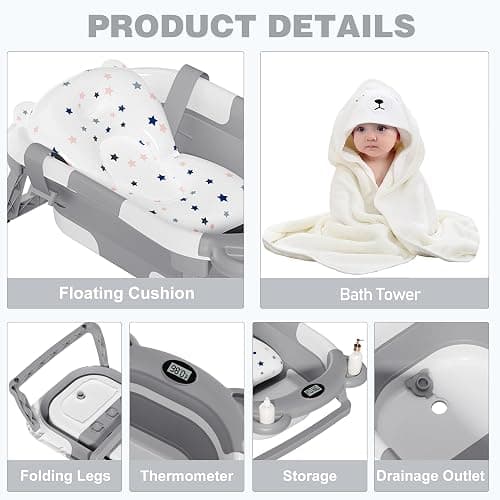 MoreFeel Collapsible Baby Bathtub for Newborn with Thermometer & 1 Hooded Towel & 1 Soft Floating Cushion,Portable Travel Bathtub with Drain Hole, Durable Foldable Baby Tubs for Infants to Toddler thumbnail 5