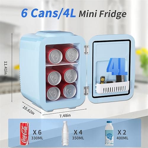 YASHE Mini Fridge, 4 Liter/6 Can Mini Makeup Fridge, 110V AC/ 12V DC Portable Thermoelectric Cooler&Warmer for Skincare, Drink, Cosmetic, Medicine, Small fridge for Bedroom, Office, Dorm, Car, Blue thumbnail 2