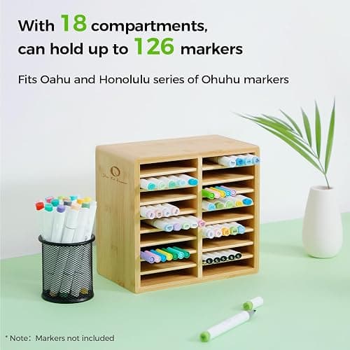 Ohuhu Bamboo Marker Organizer, Wooden Desktop Storage Hold 126 Markers, Pens, Pencils, Art Brushes Stationary Organizer Pencil Holder with 18 Compartments for Home, Classroom, Office Decor thumbnail 4