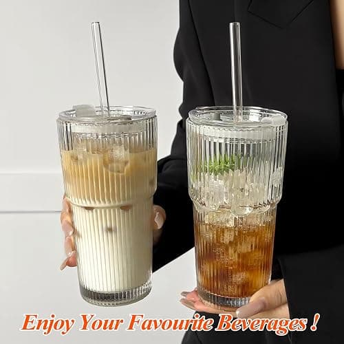 20 oz Ribbed Glass Tumblers with Lids and Straws – Set of 4 Thickened Glassware, Elegant Durable Ribbed Drinking Glasses Bulk for Iced Coffee Cups, Cocktails, Smoothies, Juice, Hot or Cold Beverages thumbnail 9