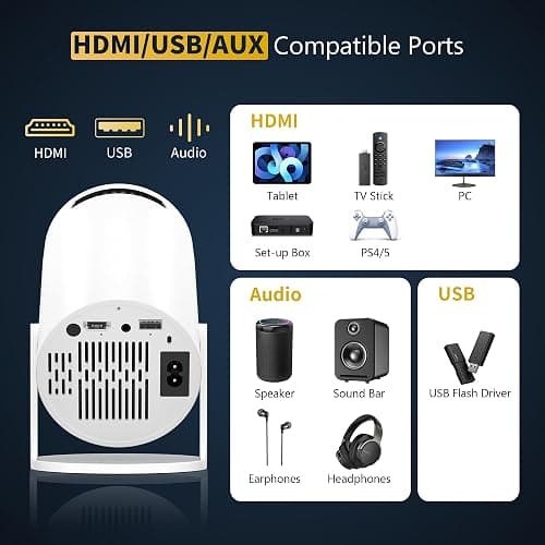 Mini Projector Portable Proyector 4K Support, Full HD 1080P Small Projector with 270° Rotatable Stand, Movie Projector Compatible with TV Stick/Smartphone/HDMI/USB for Bedroom/ Outdoor Camping thumbnail 6
