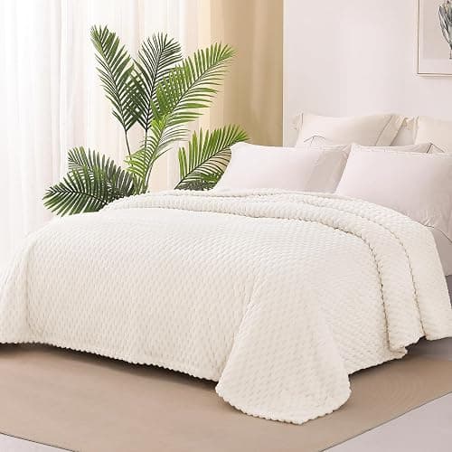 Exclusivo Mezcla Queen Size Soft Fleece Blanket, 90x90 Inches Stylish Jacquard Velvet Blanket for Bed, Fuzzy Cozy Lightweight for All Season, Ivory thumbnail 4