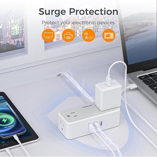 TESSAN Flat Plug Extension Cord 5 FT, Surge Protector Power Strip with 4 AC Outlets 1 USB C and 2 USB A Ports, 900 Joules Protection, Multiple Wall Outlet Extender Suitable for Home Office Dorm thumbnail 4