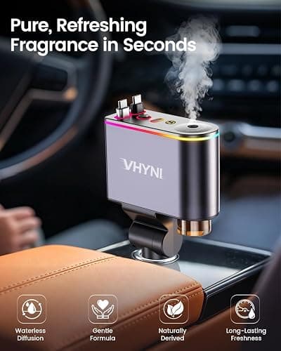 VHYNI Smart Car Air Freshener Diffuser,Auto Car Diffuser with 6 Fragrances | 2-in-1 Car Diffuser with Retractable Charger, Ultrasonic Car Aromatherapy Mist, Auto On/Off, Ambient Light thumbnail 4