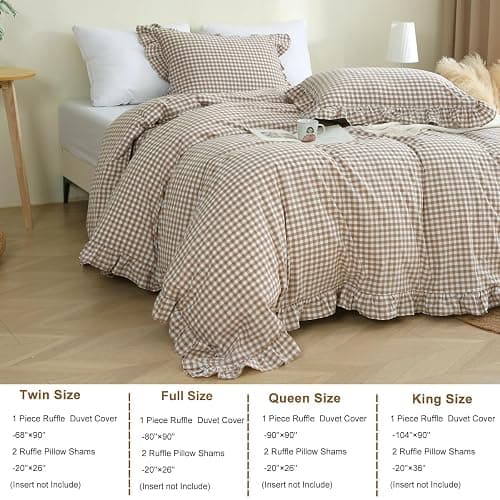 Silnuo Taupe/White Plaid Ruffle Duvet Cover King Size,100% Washed Cotton 3 Pcs Vintage Checkered Chic Gingham Bedding Set Comforter Cover Set thumbnail 4