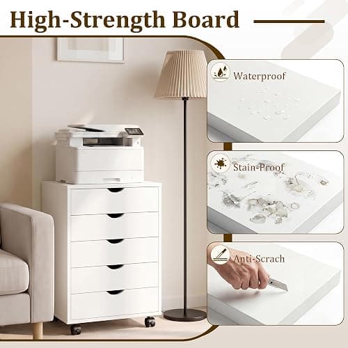 5 Drawer Rolling Storage Cabinet, Mobile File Cabinet for Office, White | Rolling Storage Cabinet with 5 Drawers for Desk Drawer Organization, Home Office Storage and Printer Stand thumbnail 6