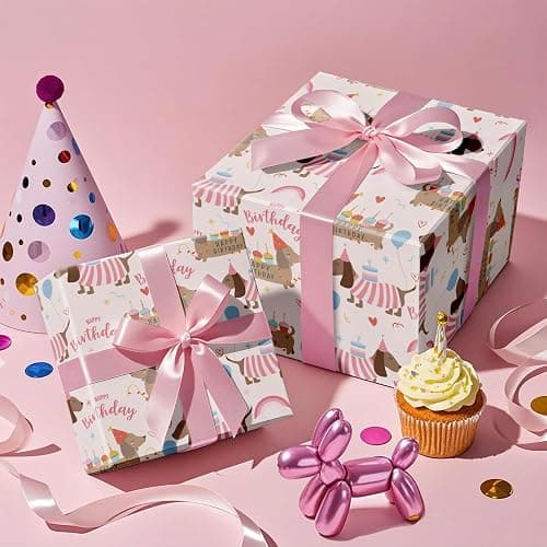 RUSPEPA Dog Birthday Wrapping Paper Roll for Girls, Mini Roll, Pink Dachshund with Cake, Balloon and Happy Birthday Text Design Gift Wrap for Kids, Pet Lovers, Puppy Party, 17 Inches x 16.4 Feet thumbnail 5