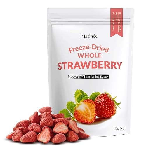 MATINÉE Freeze Dried Strawberries, Whole Dried Strawberries, Dehydrated Fruit, Dried Fruit Snack for Baking, Yogurt & Kids Treats-Vegan, Non-GMO, Preservative Free, 1.2oz, 34g (Pack of 4 Bag) - Image 1