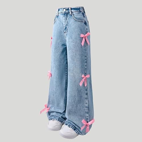 Bow Jeans for Girls Wide Leg Baggy Denim Pants Cute High Waisted Trousers Kids Casual Y2k Streetwear with Pockets 6-14Y thumbnail 4